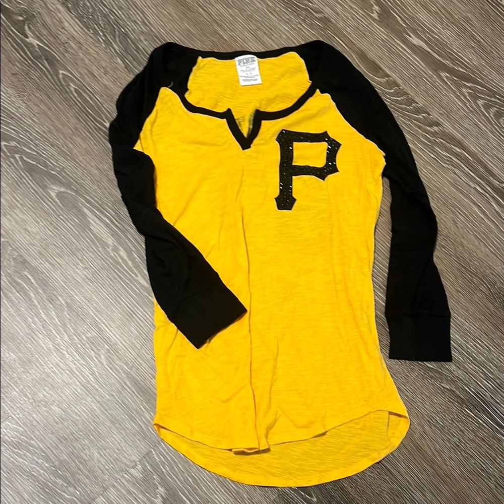 PINK Victoria's Secret Yellow & Black Raglan Long Sleeve Tee with 'P' Logo